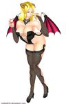  1girl alternate_costume alternate_hairstyle bare_shoulders blonde_hair blue_eyes breasts busty cleavage corset dead_or_alive dead_or_alive_5 demon_girl demon_horns demon_wings female helena_douglas high_heels horns large_breasts leotard long_hair low_wings pointy_ears solo standing succubus thighhighs white_background wings 