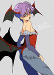  animal_print bare_shoulders bat_print bat_wings bridal_gauntlets demon_girl elbow_gloves flat_chest gloves head_wings kyouichi leotard lilith_aensland low_wings pantyhose print_legwear purple_hair red_eyes red_leotard short_hair solo succubus vampire_(game) wings 