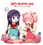  2girls :d :o akemi_homura akuma_homura apron baking black_hair black_hairband blush bottle bow bowl chocolate chocolate_syrup closed_eyes dark_orb_(madoka_magica) english food hairband happy_valentine heart jewelry juliet_sleeves kaname_madoka long_hair long_sleeves mahou_shoujo_madoka_magica mahou_shoujo_madoka_magica_movie mitakihara_school_uniform mixing_bowl multiple_girls open_mouth pink_hair puffy_sleeves ribbon salamander school_uniform short_hair silverxp simple_background single_earring skirt smile speech_bubble sweatdrop talking teeth twintails upper_body valentine white_background 