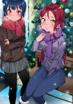  2girls absurdres bangs between_legs blue_hair blunt_bangs blurry braid breasts breath buttons casual christmas_tree contemporary crossed_arms depth_of_field earrings grey_skirt grey_sweater hair_bun hair_ornament hairclip half_updo hand_between_legs highres jewelry light_particles long_hair looking_at_viewer love_live! love_live!_sunshine!! medium_breasts miniskirt mole mole_under_mouth multiple_girls outdoors pantyhose pleated_skirt purple_eyes purple_scarf red_hair red_scarf ribbed_sweater sakurauchi_riko scarf side_braid side_bun sitting skirt smile snow snowing standing sweater symbol_commentary tem10 tsushima_yoshiko yellow_eyes 