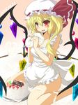  apron blonde_hair breasts cake cleavage collarbone commentary_request fang flandre_scarlet food goma_(gomasamune) happy_birthday hat hat_ribbon heart heart_of_string large_breasts mob_cap naked_apron older open_mouth pastry_bag red_eyes ribbon side_ponytail sitting smile solo spilling touhou wariza whipped_cream wings 