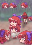 &gt;_&lt; ^_^ blurry bow cape chasing closed_eyes depth_of_field disembodied_head fang flying forest grin hair_bow head_on_head highres kougetsu_(gessyuukou) long_sleeves motion_lines nature night outdoors power-up red_eyes red_hair sekibanki short_hair smile tears touhou 