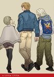  2boys bad_id bad_pixiv_id blonde_hair blue_jacket cape hood hoodie huang_baoling ivan_karelin jacket keith_goodman multiple_boys purple_jacket shorts tiger_&amp;_bunny v-room 