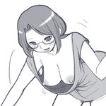  aaaa blush breasts downblouse glasses greyscale hanging_breasts highres large_breasts monochrome nipples no_pants original simple_background solo white_background 