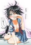  aqua_eyes black_hair blush breasts cleavage drooling hair_ornament hairclip kako_(kantai_collection) kantai_collection long_hair looking_at_viewer medium_breasts navel pleated_skirt school_uniform serafuku skirt sleepy sogabe_toshinori solo translation_request waking_up 