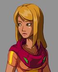  adapted_costume blonde_hair blue_eyes casual joakim_sandberg lips long_hair metroid samus_aran shirt solo t-shirt upper_body varia_suit 