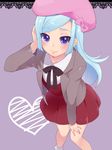  adjusting_hair alternate_costume bad_id bad_pixiv_id blazer blue_eyes blue_hair blush happinesscharge_precure! hat hosshiwa jacket light_blue_hair long_hair looking_at_viewer mogiki_hayami pink_hat precure school_uniform smile solo 