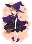  :o blonde_hair blue_eyes blush boots cape child dress facial_mark haibara_ai hand_on_headwear hat leaf meitantei_conan short_hair solo staff standing star witch_hat yukiu_kon 