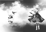  alice_margatroid ascot banned_artist capelet cloud cloudy_sky comic greyscale grimoire_of_alice hat highres kirisame_marisa kozou_(soumuden) monochrome multiple_girls reflection running sash scan scan_artifacts sky touhou translated witch_hat 