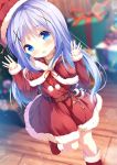  1girl :d belt belt_buckle blue_eyes blue_hair blurry blurry_background blush box brown_belt buckle capelet chinomaron christmas commentary_request depth_of_field dress fur-trimmed_boots fur-trimmed_capelet fur-trimmed_dress fur-trimmed_hat fur-trimmed_sleeves fur_trim gift gift_box gochuumon_wa_usagi_desu_ka? hair_ornament hands_up hat head_tilt highres kafuu_chino long_hair long_sleeves open_mouth pom_pom_(clothes) red_capelet red_dress red_footwear red_hat santa_costume santa_hat signature sleeves_past_wrists smile solo standing standing_on_one_leg twitter_username very_long_hair wooden_floor x_hair_ornament 