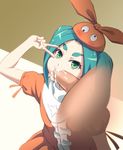  1girl cum cum_in_mouth dress fellatio green_eyes green_hair looking_at_viewer monogatari_(series) ononoki_yotsugi oral penis uncensored v yadzuka 