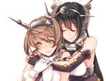  bare_shoulders black_hair blurry breasts brown_hair depth_of_field eyes_closed green_eyes headgear hug hug_from_behind kantai_collection kyara36 large_breasts long_hair mutsu_(kantai_collection) nagato_(kantai_collection) short_hair smile white_background 