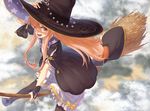  ;d atelier_(series) atelier_escha_&amp;_logy black_legwear blonde_hair broom broom_riding hand_on_headwear hat ibuki_notsu long_hair looking_at_viewer md5_mismatch one_eye_closed open_mouth pantyhose print_hat riding sidelocks smile solo star star_print wilbell_voll=erslied witch witch_hat yellow_eyes 