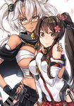  arm_around_shoulder between_breasts blush breasts brown_eyes brown_hair budget_sarashi cherry_blossoms dark_skin glasses hand_between_breasts hand_on_hip headgear kantai_collection kyara36 large_breasts long_hair looking_at_viewer midriff multiple_girls musashi_(kantai_collection) red_eyes sarashi short_hair smile twintails white_background white_hair yamato_(kantai_collection) 