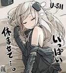  bad_id bad_pixiv_id banned_artist bare_shoulders black_dress blonde_hair closed_eyes cropped_jacket dated dress garrison_cap hat hat_removed headgear headwear_removed kantai_collection long_hair lying military military_hat military_uniform off_shoulder on_side pale_skin silver_hair sleeping solo translation_request u-511_(kantai_collection) uniform yopan_danshaku 