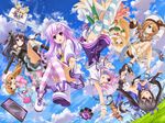  6+girls absurdres blanc bodysuit book breasts child choujigen_game_neptune cleavage compa histoire hug if_(choujigen_game_neptune) kami_jigen_game_neptune_v minigirl multiple_girls nepgear neptune_(choujigen_game_neptune) neptune_(series) noire ram_(choujigen_game_neptune) rom_(choujigen_game_neptune) siblings twins uni_(choujigen_game_neptune) upside-down vert wink yuri 