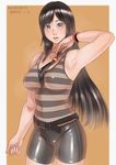  adjusting_hair armpits bike_shorts black_eyes black_hair blush cameltoe dead_or_alive groin hair_ornament kokoro_(doa) long_hair looking_at_viewer open_mouth shirt shorts solo standing striped striped_shirt sweat sweatdrop tank_top watch wristwatch zenkou 