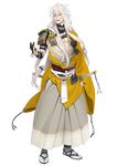  animal_ears armor bare_chest bishounen flower_knot fox_boy fox_ears full_body gloves gold_trim hakama highres ipev japanese_armor japanese_clothes katana kogitsunemaru long_hair looking_at_viewer low-tied_long_hair male_focus official_art open_mouth partly_fingerless_gloves red_eyes sandals sheath sheathed shoulder_armor sode solo standing sword tabi tassel thick_eyebrows touken_ranbu transparent_background very_long_hair weapon 