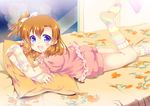  :d arm_warmers bed blue_eyes blush bow brown_hair fluffy_legwear hair_bow kousaka_honoka leg_up loungewear love_live! love_live!_school_idol_project lying multicolored multicolored_stripes on_stomach one_side_up open_mouth pillow pom_pom_(clothes) ponton smile socks striped striped_legwear 