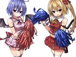  adapted_costume alternate_costume ascot bat_wings black_legwear blonde_hair blue_hair blush bow cheerleader crystal downscaled flandre_scarlet greatmosu hair_bow hair_ornament looking_at_viewer md5_mismatch midriff multiple_girls navel no_hat no_headwear open_mouth pom_poms ponytail red_eyes remilia_scarlet resized ribbon shirt siblings side_ponytail simple_background sisters skirt skirt_set sleeveless smile sweatdrop thighhighs touhou white_background white_legwear wings wrist_cuffs zettai_ryouiki 