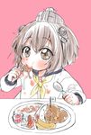  bangs brown_hair curry curry_rice dress eating food fork_in_mouth full_mouth japanese_flag kantai_collection messy okosama_lunch onigiri_noka pasta pink_background puffy_cheeks rice sailor_dress short_hair solo spaghetti spoon tempura tomato yukikaze_(kantai_collection) 