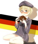  absurdres bespectacled blonde_hair blue_eyes blush book clothes_writing english flag_background german german_flag glasses hat highres holding holding_book kantai_collection long_sleeves neckerchief red-framed_eyewear sailor_collar sailor_hat sekino_takehiro short_hair sitting solo translated z1_leberecht_maass_(kantai_collection) 