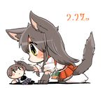  akagi_(kantai_collection) all_fours animal_ears black_hair cat_day cat_ears cat_tail character_doll chibi dated kaga_(kantai_collection) kantai_collection paws rebecca_(keinelove) shirt side_ponytail skirt tail yellow_eyes 