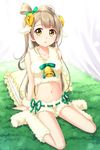  2015 animal_costume animal_ears arm_support bell blush brown_hair crop_top dated highres kneehighs long_hair looking_at_viewer love_live! love_live!_school_idol_project midriff minami_kotori navel parted_lips sheep_costume sheep_ears sitting solo tucana wariza yellow_eyes 