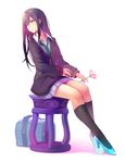  bad_id bad_pixiv_id bag blush brown_hair cardigan earrings evers flower glass_slipper green_eyes idolmaster idolmaster_cinderella_girls jewelry long_hair looking_to_the_side necklace necktie school_bag school_uniform shibuya_rin sitting skirt solo stool 