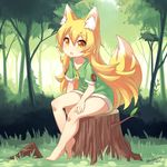  animal_ears artist_name bare_legs barefoot blonde_hair blueberry_(5959) bottomless buttons dress fox_ears fox_tail grass large_buttons legs long_hair looking_at_viewer nature open_mouth original sitting sitting_on_tree_stump solo sweater sweater_dress tail tree tree_stump yellow_eyes zipper 