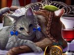  animalization blue_eyes braid cat cat_day cup drinking_glass hat hong_meiling izayoi_sakuya looking_at_viewer maid_headdress no_humans pocket_watch redoredo_(godprogress) star touhou twin_braids watch wine_glass 