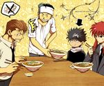  annoyed black_hair brown_hair food formal grin hiei_(yuu_yuu_hakusho) jungyun99 kurama kuwabara_kazuma long_hair male_focus multiple_boys necktie red_hair sitting smile suit table urameshi_yuusuke yuu_yuu_hakusho 