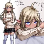 :&lt; :3 ahoge blonde_hair blue_eyes blush breast_hold breasts commentary_request cowboy_shot crossed_arms elf freckles long_hair looking_at_viewer looking_to_the_side multiple_views musical_note nyamota original pleated_skirt pointy_ears projected_inset ribbed_sweater skirt sweater tan thighhighs translation_request upper_body white_legwear zettai_ryouiki 