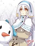  coat cu-no hat hisenkaede long_hair mittens orange_eyes rapua_qive silver_hair snow snowman solo white_hair 