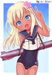 blonde_hair blue_eyes blush crop_top dada_(esoragoto) flower hair_flower hair_ornament kantai_collection long_hair looking_at_viewer one-piece_swimsuit open_mouth ro-500_(kantai_collection) sailor_collar school_swimsuit school_uniform serafuku smile solo swimsuit swimsuit_under_clothes tan tanline torpedo v 