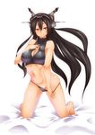  barefoot black_hair breasts brown_eyes cleavage_cutout halter_top halterneck headgear highres kantai_collection kneeling large_breasts long_hair looking_at_viewer nagato_(kantai_collection) navel panties panty_pull smile solo underwear very_long_hair yamaneko_ken 