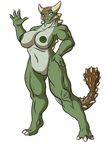  2015 anthro areola big_breasts breasts dinosaur erect_nipples female looking_at_viewer lordstevie navel nipples nude pussy smile solo 