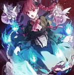  animal_ears bow braid cat_ears cat_tail corset fang fire hair_bow halo highres kaenbyou_rin light_particles long_hair multiple_girls multiple_tails open_mouth red_eyes red_hair ribbon short_hair shuukenyuu tail touhou twin_braids twintails wheelbarrow wings zombie_fairy 