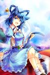  :d animal_ears belt blue_dress blue_eyes blue_hair cat_day cat_ears cat_tail commentary dress flower hair_ornament hair_rings hair_stick juliet_sleeves kaku_seiga kemonomimi_mode kutsuki_kai long_sleeves looking_at_viewer looking_down open_clothes open_mouth open_vest puffy_sleeves shawl sitting smile solo tail tail_grab torii touhou translated vest 