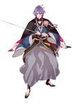  armor capelet flower full_body green_eyes hakama highres homerun_ken japanese_armor japanese_clothes kasen_kanesada katana kimono kusazuri looking_at_viewer male_focus official_art purple_hair solo sword touken_ranbu transparent_background weapon 