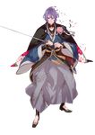  armor blood capelet clenched_teeth dirty flower full_body green_eyes hakama highres homerun_ken injury japanese_armor japanese_clothes kasen_kanesada katana kimono kusazuri looking_at_viewer male_focus official_art one_eye_closed purple_hair solo sword teeth torn_clothes touken_ranbu transparent_background weapon 