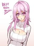  breasts cleavage cu-no hisenkaede large_breasts long_hair meme_attire open-chest_sweater pink_hair purple_eyes ribbed_sweater solo sweater yayoi_sakura 