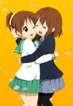  blazer blush brown_eyes brown_hair hair_ornament hairclip hirasawa_ui hirasawa_yui hug jacket k-on! multiple_girls official_style open_mouth pantyhose ponytail ragho_no_erika round_teeth sakuragaoka_high_school_uniform school_uniform serafuku short_hair siblings sisters smile teeth 