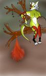 armor blue_eyes blurred_background canine claws dark_nes fangs female fire fur green_feathers green_fur hair mammal markings orange_feathers outside reptile rescit sack scalie sitting socks_(marking) twig white_fur white_hair wire_saw 