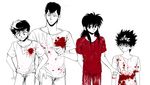  blood denim green hiei_(yuu_yuu_hakusho) jeans jungyun99 kurama kuwabara_kazuma long_hair male_focus multiple_boys open_mouth pants pointing pompadour short_hair sidelocks smile urameshi_yuusuke yuu_yuu_hakusho 