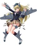  b-29_superfortress blazer blonde_hair blue_eyes bomb chaki-yam freckles headgear jacket kneehighs long_hair original panties pantyshot personification propeller school_uniform smile solo thigh_strap underwear wings 