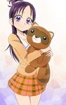  futari_wa_precure_splash_star long_hair looking_at_viewer manji_(tenketsu) mishou_mai orange_skirt plaid plaid_skirt precure purple_eyes purple_hair school_uniform skirt solo stuffed_animal stuffed_toy yuunagi_middle_school_uniform 