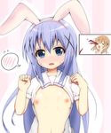  animal_ears bad_id bad_pixiv_id blood blue_eyes blush brown_hair bunny_ears flat_chest gochuumon_wa_usagi_desu_ka? hair_ornament hairclip hoto_cocoa kafuu_chino kafuu_chino's_school_uniform long_hair looking_at_viewer multiple_girls nagomi_yayado nipples nosebleed paw_pose purple_hair school_uniform short_hair solo_focus x_hair_ornament yuri 