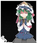  ^_^ bad_id bad_pixiv_id black_background closed_eyes commentary cracked_wall crown damaged dark epaulettes green_hair halftone halftone_background hammer_(sunset_beach) hat juliet_sleeves long_sleeves puffy_sleeves rod_of_remorse shaded_face shiki_eiki skirt solo tabard touhou 