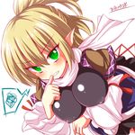  arm_warmers bad_id bad_pixiv_id banned_artist biting blonde_hair blush breasts clenched_teeth covered_nipples green_eyes kisaragi_zwei large_breasts mizuhashi_parsee nail_biting pointy_ears ponytail sash scarf shirt short_sleeves skirt solo spoken_squiggle squiggle teeth thumb_biting touhou tsurime 